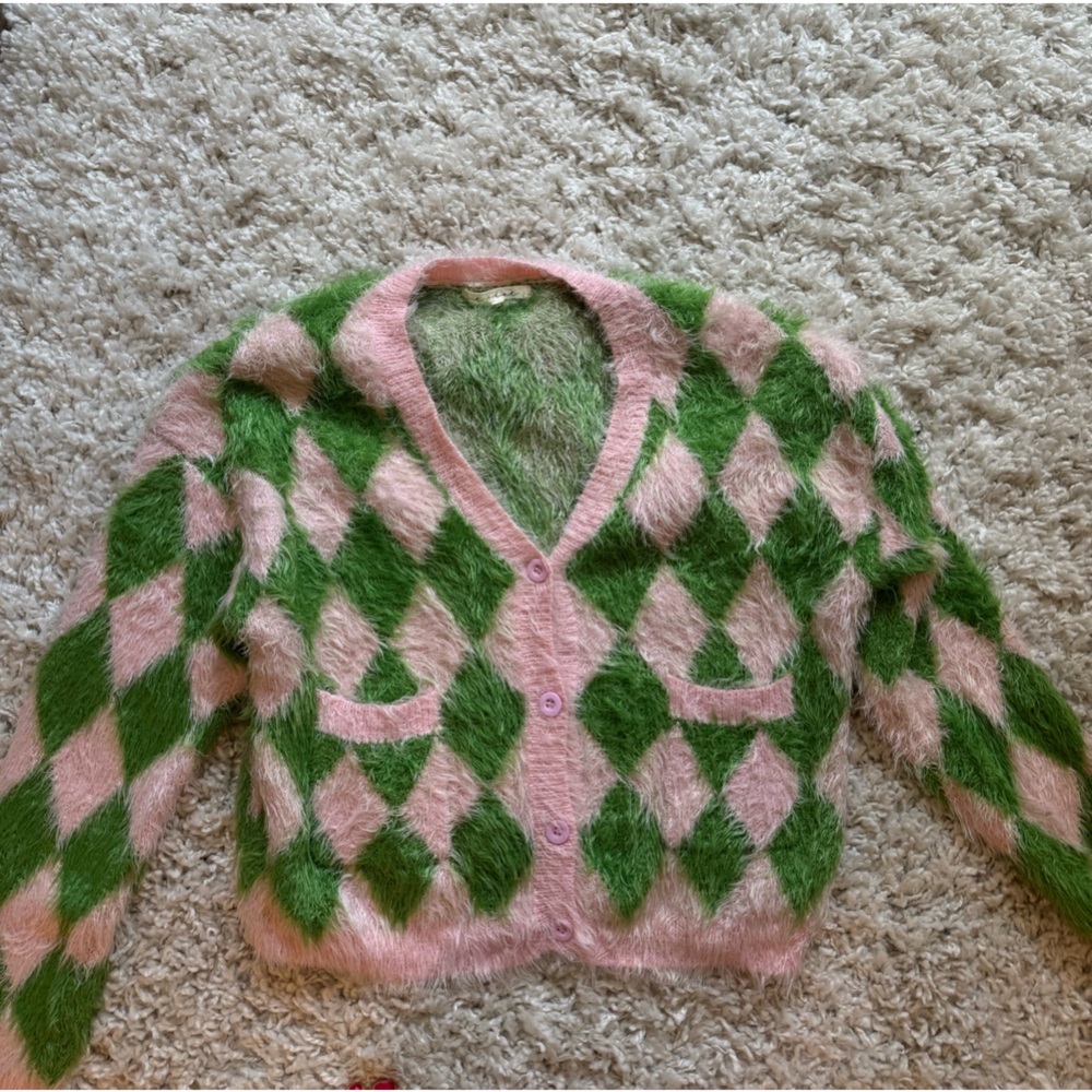 pink and green shaggy cardigan